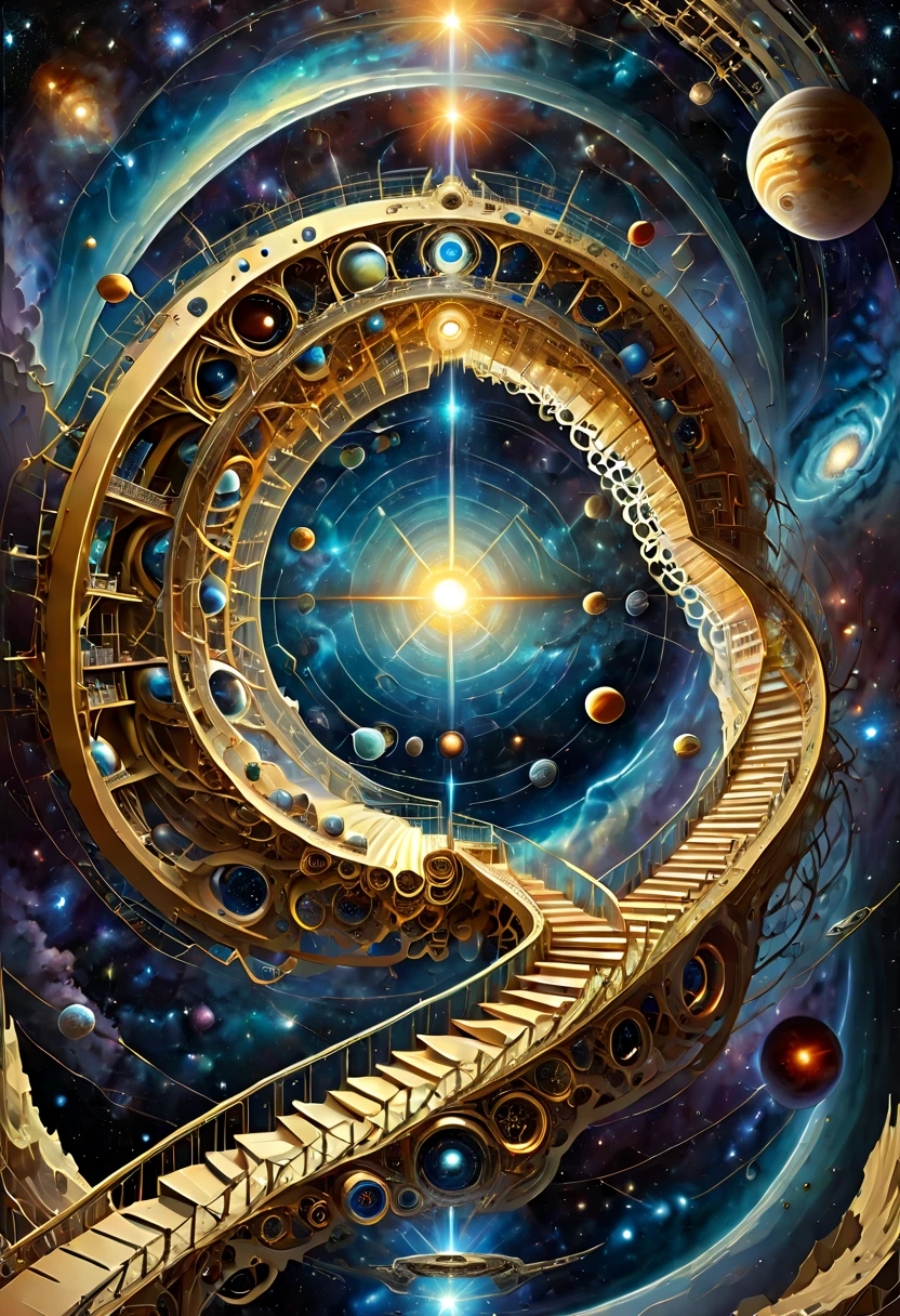 ((estilo de arte de ilusión de escher:1.8)),(eyes,espacio,universo,galaxia,escalera celestial,tecnología,maquinaria,cadenas),La composición debe ser intrincada y compleja.,presentando formas y patrones geométricos para conectar estos elementos de una manera que crea fuertes ilusiones visuales,con el ojo como elemento central,surrounded by a depiction of universos and galaxies,and advanced tecnología and maquinaria elements weaved in,the escalera celestial could be made of cadenas or mechanical parts,y debe conectar diferentes partes de la imagen juntas,desafiando la gravedad y la perspectiva,El diseño general debería ser fascinante.,creando una sensación de desorientación y desconcierto en el espectador,(fuerte sentido de ilusión visual)