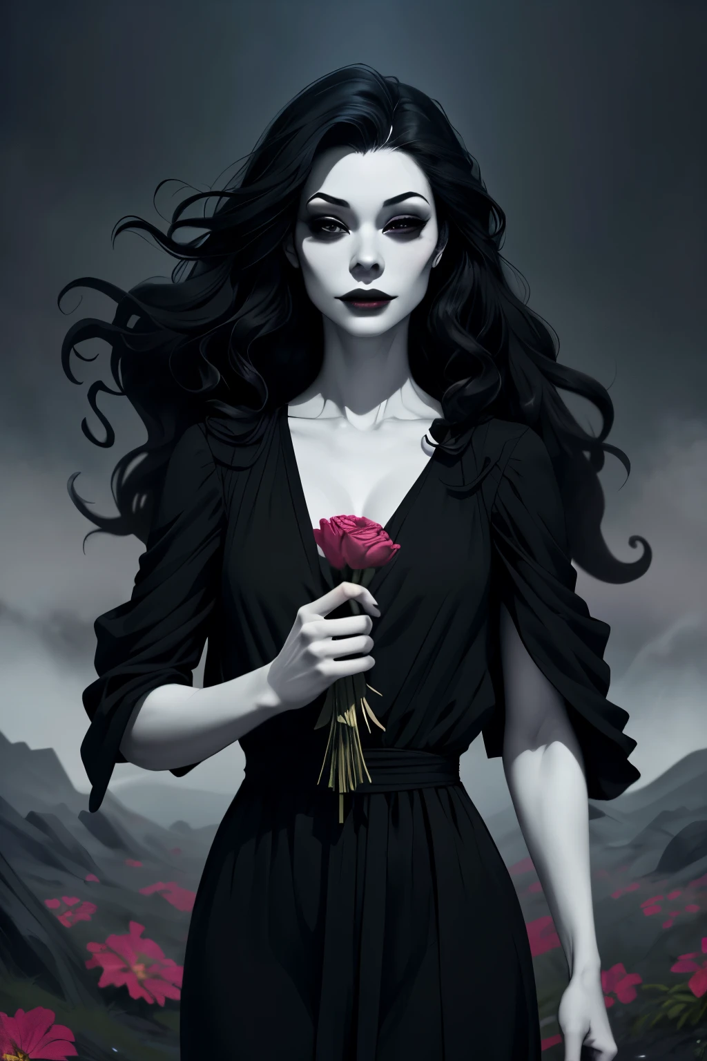 Death as a beautiful young woman, wearing long black dress, very long black hair that extends to the groung, curly hair as the wind, pale white skin, welcoming expression, black eyes, MARBLE SKIN, HOLDING DEAD FLOWERS, LOW LIGHTS, FOG, MYST