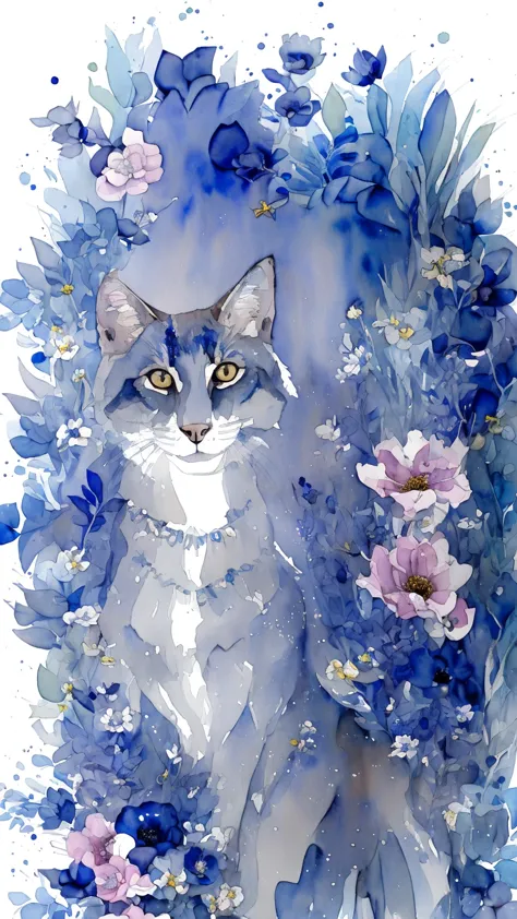 Not human, animal photo,((Watercolor)), 1Russian blue cat and blue flowers,luxury fur, Blue flowers elegantly unfold,Pale backgr...