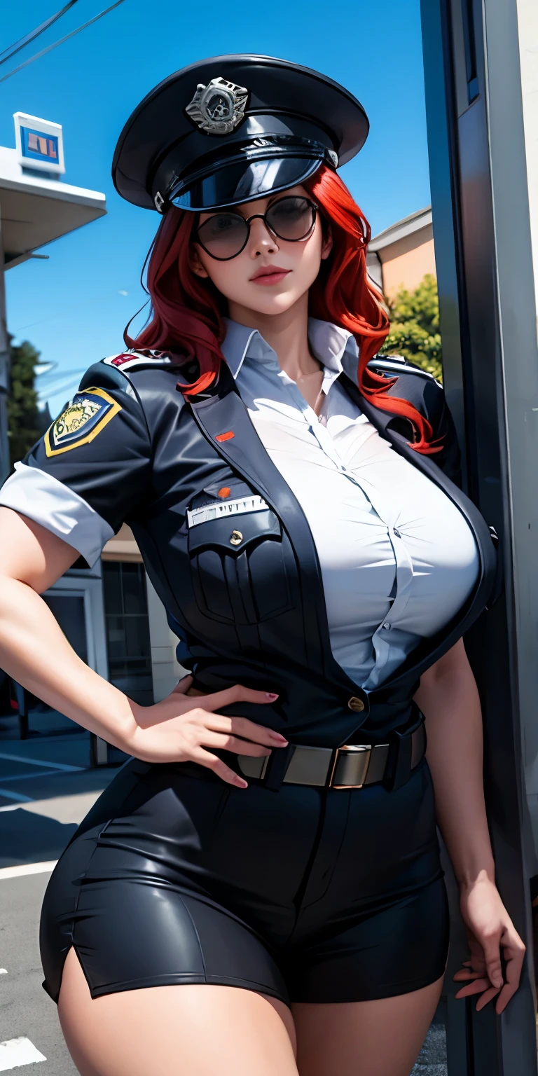 Boné de polícia menina cabelo ruivo óculos de sol longos uniforme policial super modelo 