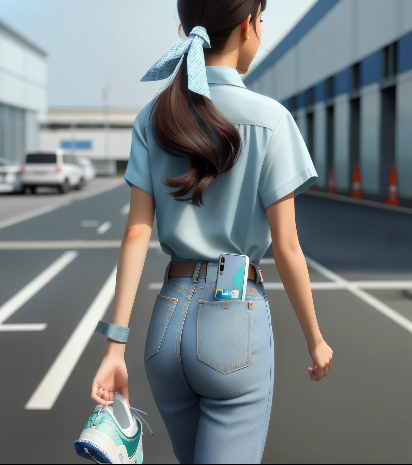 Woven short-sleeved shirt，Factory clothes，Indigo jeans，Graceful and graceful，Field military pants，Half-loaded mobile phone exposed from hip pocket，short ponytail，Youthful female model