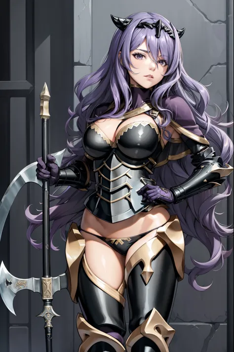 masterpiece, best quality, defCamilla, tiara, armor, gloves, gauntlets, black panties, thigh boots, looking at viewer, holding axe,
holding grip of axe, holding weapon, battle axe, holding long grip of axe, fighting stance