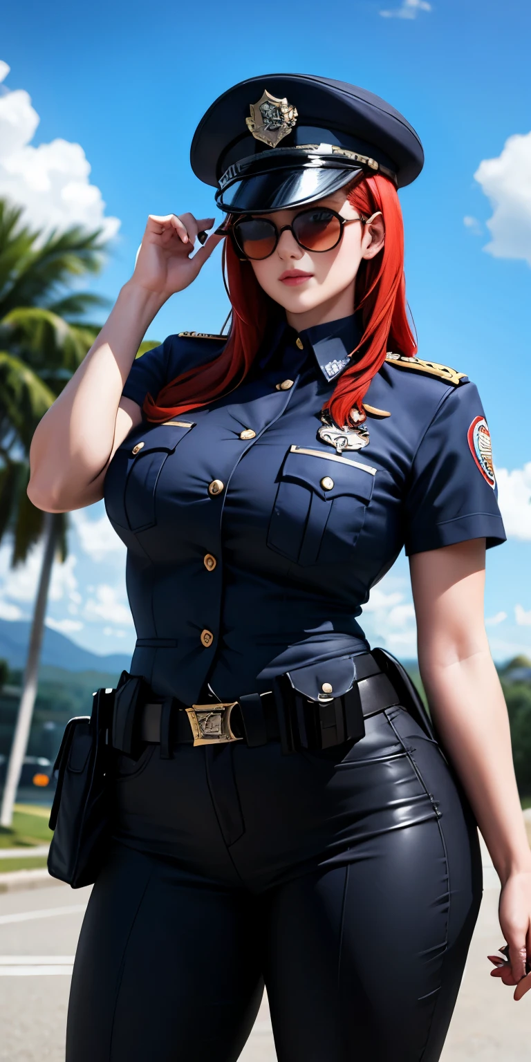 Boné de polícia menina cabelo ruivo óculos de sol longos uniforme policial super modelo rosto lindo 