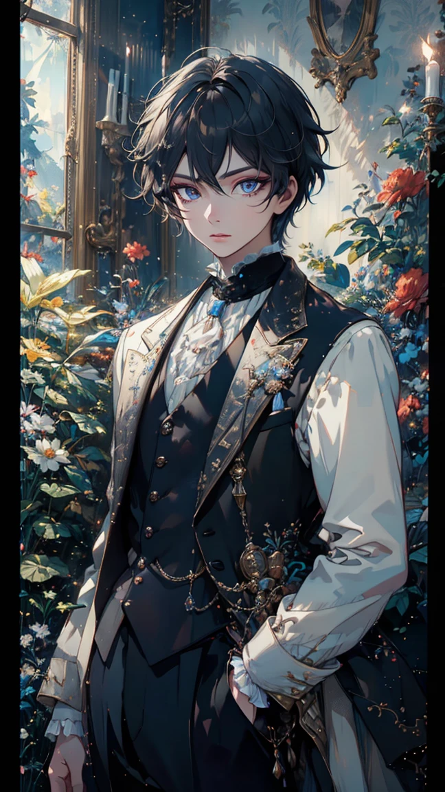 artstudt, (official art, extremely detailed CG unity 8k wallpaper),(1boy:1.3),beautifully detailed eyes, detailed fine nose, detailed fingers, (8k), (best quality), ( masterpiece:1.2), extremely detailed
1 prince, handsome, rococo style, vest, tie, white and black color, flowers, suits, ghile 