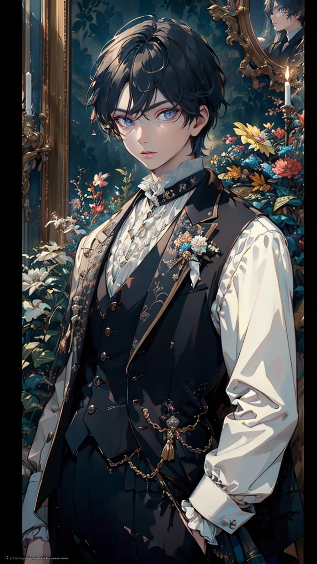 artstudt, (official art, extremely detailed CG unity 8k wallpaper),(1boy:1.3),beautifully detailed eyes, detailed fine nose, detailed fingers, (8k), (best quality), ( masterpiece:1.2), extremely detailed, black hair,
1 prince, handsome, rococo style, vest, tie, white and black color, flowers, suits, ghile 