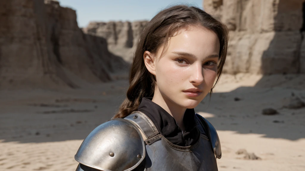 one girl, Beautiful 13 year old girl, redhead ponytail girl, A girl standing in leather armor, Desert background, A female knight is standing, Beautiful girl with a spear in her hand, hair moving in the wind, photorealism, sharp focus, Realistic facial skin, heavy atmosphere, beautiful face, perfect face, erotic face, Medieval knight, 14 year old beautiful girl, hazel eyes natalie portman, full body photo, Beautiful girl wearing leather sandals, Beautiful girl raw photo, full body, hyper quality, highly detailed, Unreal Engine, Octane Render, Realistic, Photorealism, 16k, 4k, Cinematic,