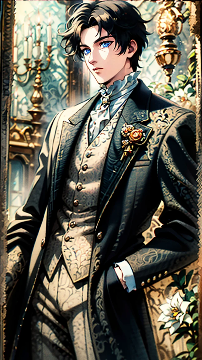 artstudt, (official art, extremely detailed CG unity 8k wallpaper),(1boy:1.3),beautifully detailed eyes, detailed fine nose, detailed fingers, (8k), (best quality), ( masterpiece:1.2), extremely detailed
1 prince, handsome, rococo style, vest, tie, white and black color, flowers, suits, ghile 