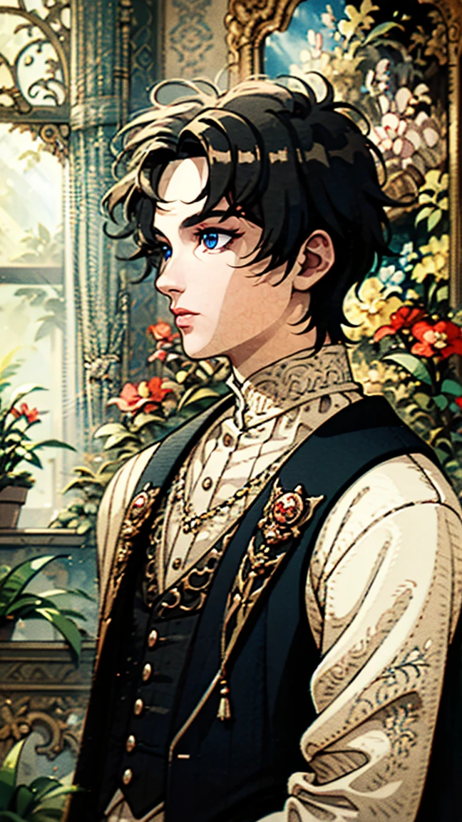 artstudt, (official art, extremely detailed CG unity 8k wallpaper),(1boy:1.3),beautifully detailed eyes, detailed fine nose, detailed fingers, (8k), (best quality), ( masterpiece:1.2), extremely detailed
1 prince, handsome, rococo style, vest, tie, white and black color, flowers, suits, ghile 