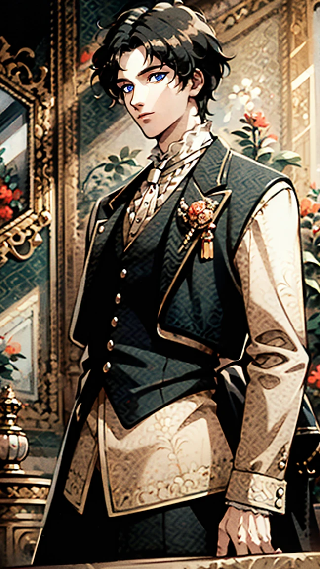 artstudt, (official art, extremely detailed CG unity 8k wallpaper),(1boy:1.3),beautifully detailed eyes, detailed fine nose, detailed fingers, (8k), (best quality), ( masterpiece:1.2), extremely detailed
1 prince, handsome, rococo style, vest, tie, white and black color, flowers, suits, ghile 