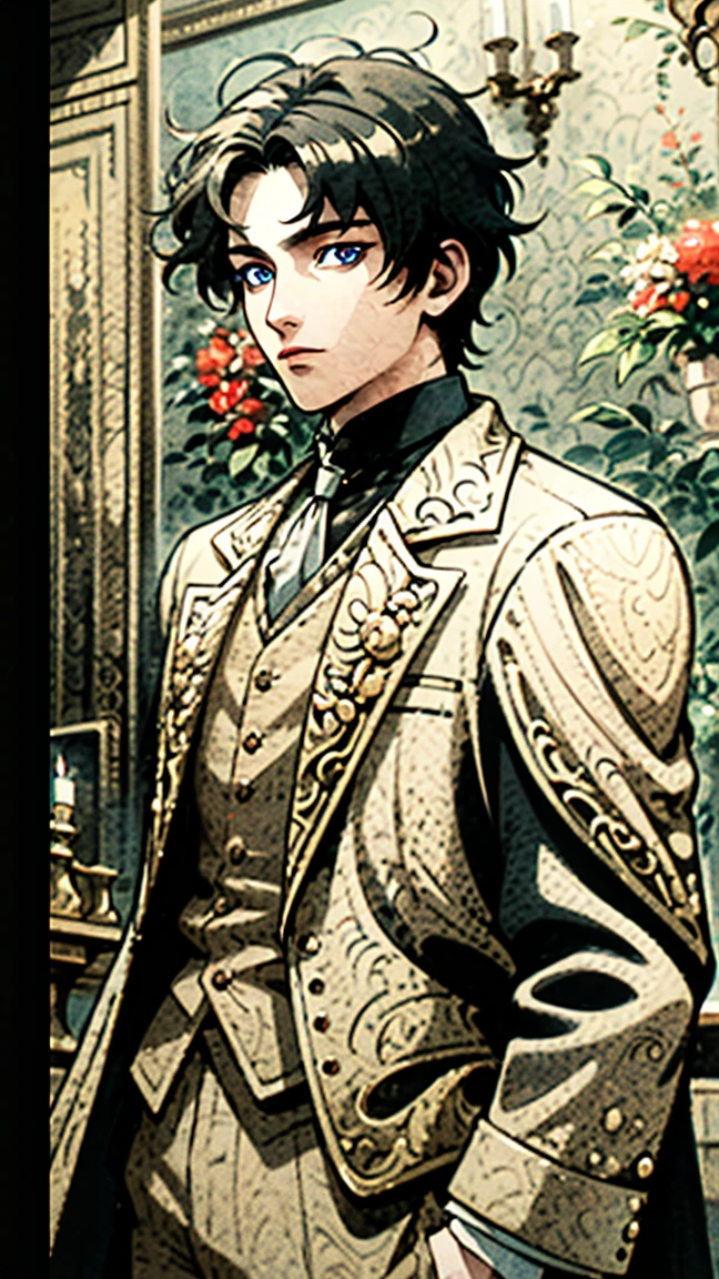 artstudt, (official art, extremely detailed CG unity 8k wallpaper),(1boy:1.3),beautifully detailed eyes, detailed fine nose, detailed fingers, (8k), (best quality), ( masterpiece:1.2), extremely detailed
1 prince, handsome, rococo style, vest, tie, white and black color, flowers, suits, ghile 