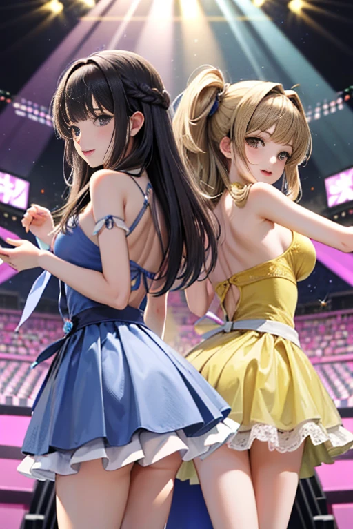 (masterpiece, highest quality:1.3) 
three girls,  Bursting smile、twilight, A large live venue with a dynamic atmosphere、Countless psyllium、A gorgeous stage in the back、Back view of three idols dancing on stage、swaying hair、blue idol dress、less exposure、blonde loose hair、Black hair bangs patsunhime cut、dark brown semi-long hair、psyllium、stage of light、real、Lolita