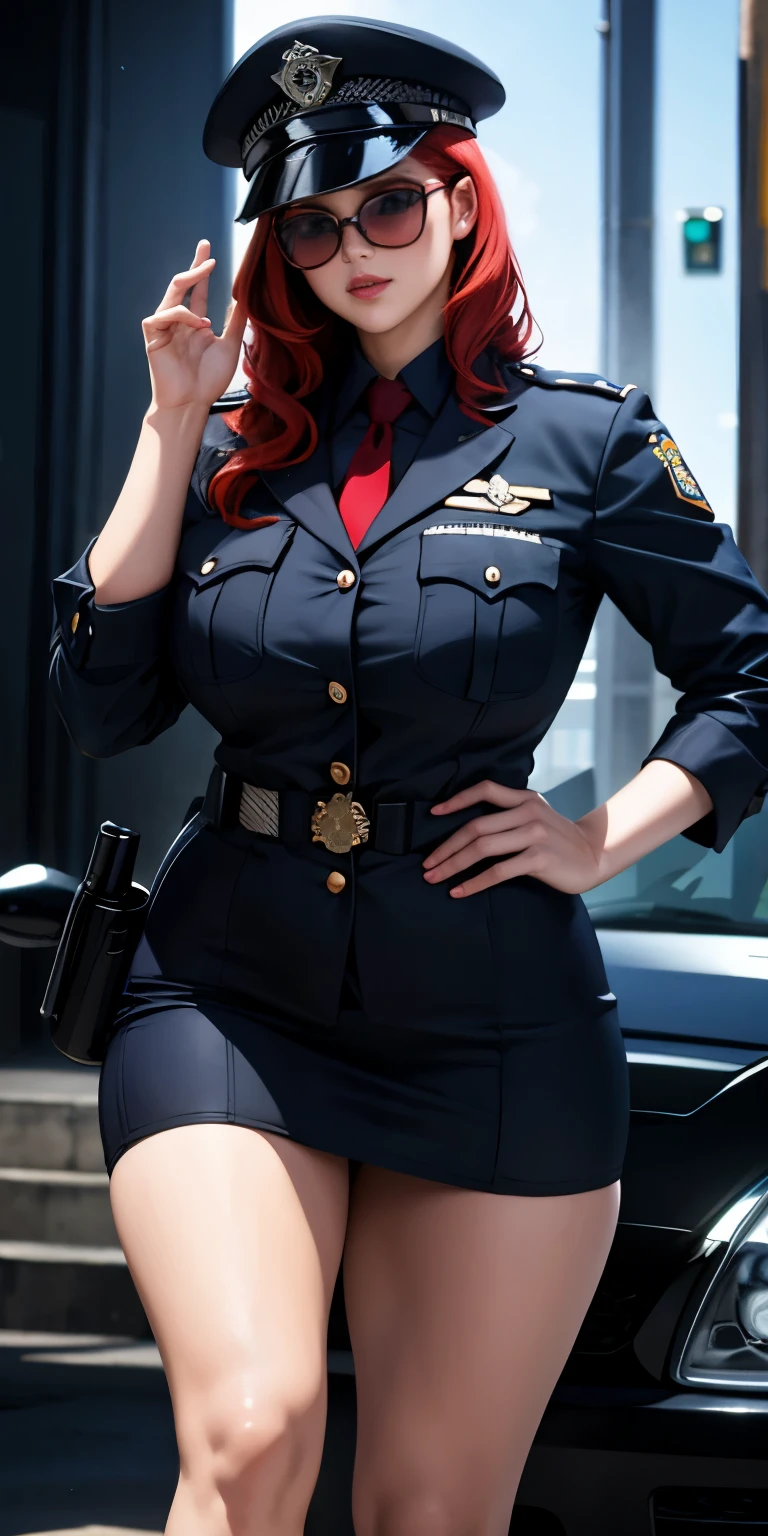 Boné de polícia menina cabelo ruivo óculos de sol longos uniforme policial super modelo rosto lindo 