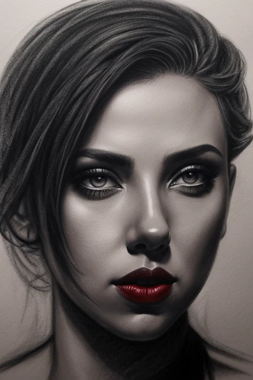 Un dessin au fusain maussade et atmosphérique, a beautiful young woman with a mystérieux expression, inspiré par Scarlett Johansson, nuances de noir et de gris, yeux charbonneux et attrayants avec des lèvres rouges, mystérieux