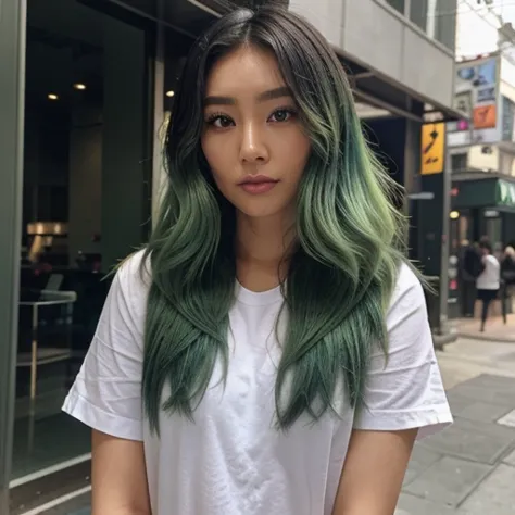 asian instagram influencer, green ombre hair, beautiful