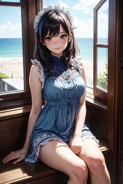 very cute and beautiful girl sitting near the window,(floral blue summer dress with detailed frills),No sleeve,detailed lace,(spread your legs),(white panties), (very detailed美しい顔と目:1.2),antique hotel bedroom,plush furnishings,balcony,Ocean View,summer, co...