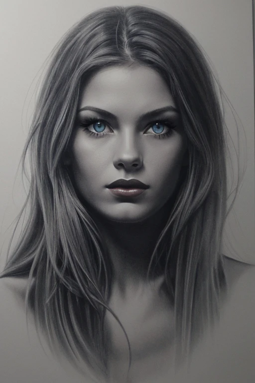 A moody and atmospheric charcoal drawing of a beautiful young woman with a mysterious expression, showing a resemblance to Brigitte Bardot, shades of black and grey, smoky and attractive eyes with red lips and blue eyes, misty grey background, mysterious