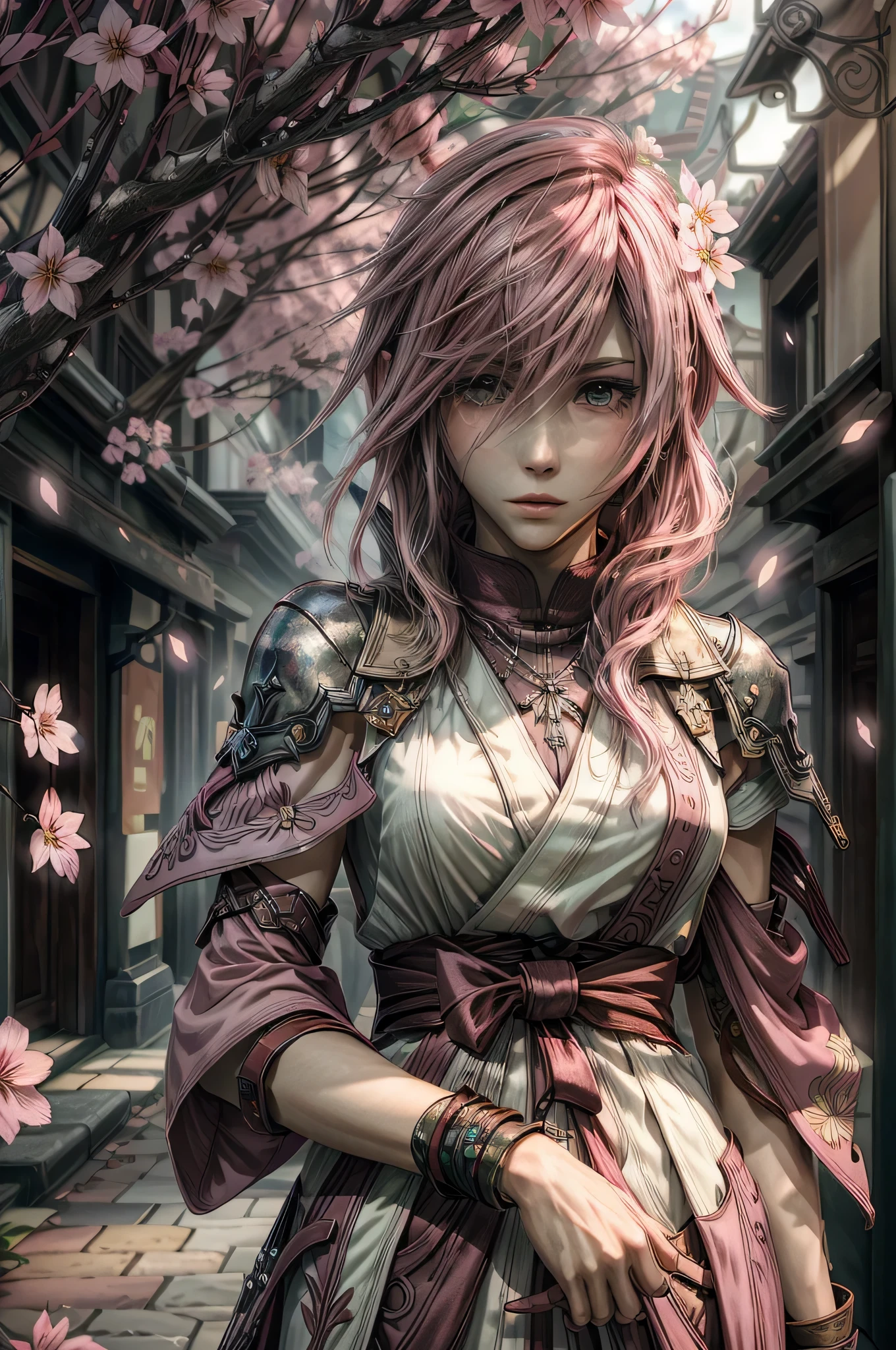 (masterpiece, highest quality:1.3)
Lightning FF13,  1 girl, alone, pink hair, Yukata, Japan, cherry blossoms, hair ornaments
