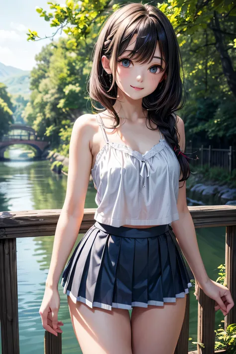 very cute and beautiful girl,(very detailed美しい顔と目:1.2), white camisole,Are standing,dynamic angle break (smile),Happy,looking at the viewer,(blue pleated mini skirt:1.2),(skirt lift,white panties), rural area,along the narrow river,bridge,wood,summer,detai...