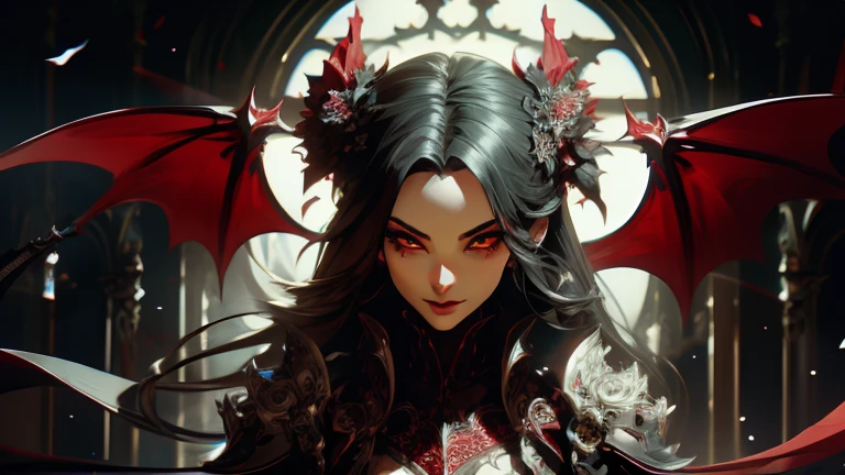 (best quality), (high detail), (close up),(vampire fangs), (1girl), a beautiful gothic vampire with snow white skin jet black hair and bats flying , (bats), wicked smile,(spiderwebs), (black and white effect), (black roses), dark and foggy background, HDR, 4K, 3D