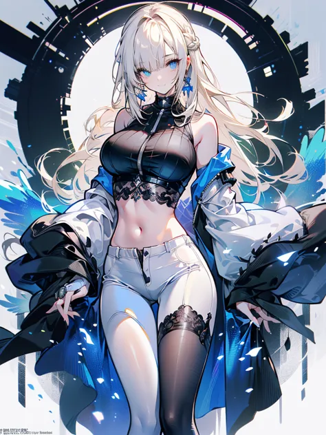 a matured woman, white long hair, blue eyes, white outfit, from arknights, artwork in the style of guweiz, full body, fine detai...