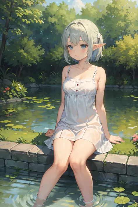 In Claude Monet style, Impressionism, 1girl, upper body focus, (white camisole dress), 14 year old, full body Esbian, short silver hair, pond, wet, ((curtsey)), elf ear, nipples through, see-through, puffy nipples, bare breasts, {{{vulgarity}}}
