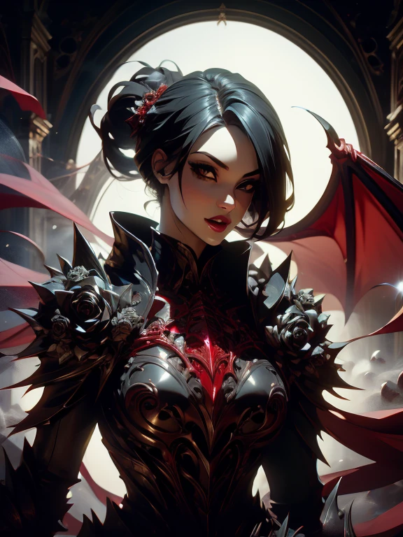 (최고의 품질), (높은 디테일), (확대),(뱀파이어 송곳니), (여자 1명), a beautiful gothic vampire with snow white skin jet black hair and 박쥐 flying , (박쥐), 사악한 미소,(거미줄), (흑백 효과), (검은 장미), 어둡고 안개가 자욱한 배경, HDR, 4K, 3D