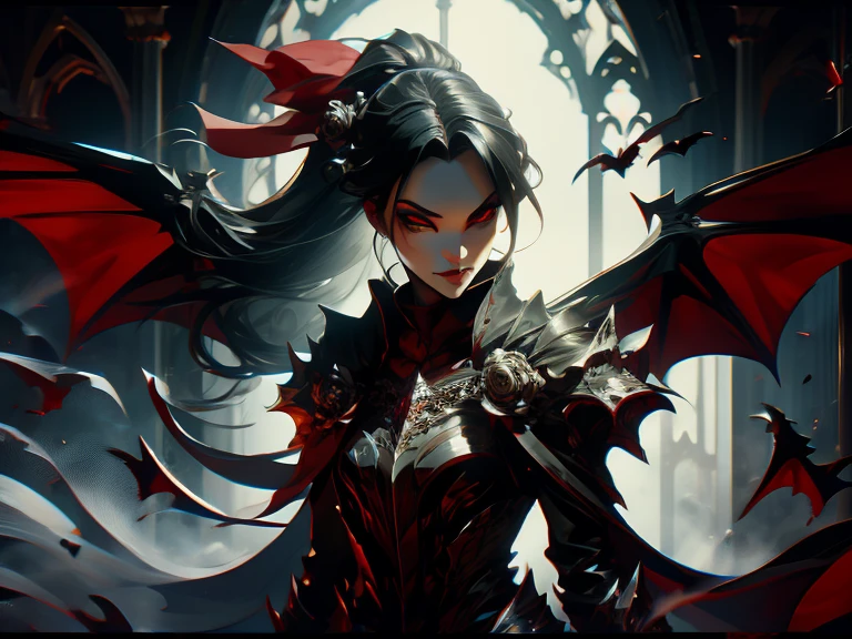 (best quality), (high detail), (close up),(vampire fangs), (1girl), a beautiful gothic vampire with snow white skin jet black hair and bats flying , (bats), wicked smile,(spiderwebs), (black and white effect), (black roses), dark and foggy background, HDR, 4K, 3D