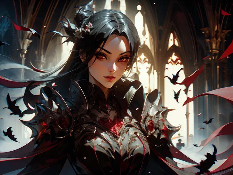 (最好的品質), (高細節), (特寫),(吸血鬼獠牙), (1個女孩), a beautiful gothic vampire with snow white skin jet black hair and 蝙蝠 flying , (蝙蝠), 邪惡的微笑,(蜘蛛網), (黑白效果), (蒙特內哥羅), 黑暗和有霧的背景, 高動態範圍, 4k, 3D