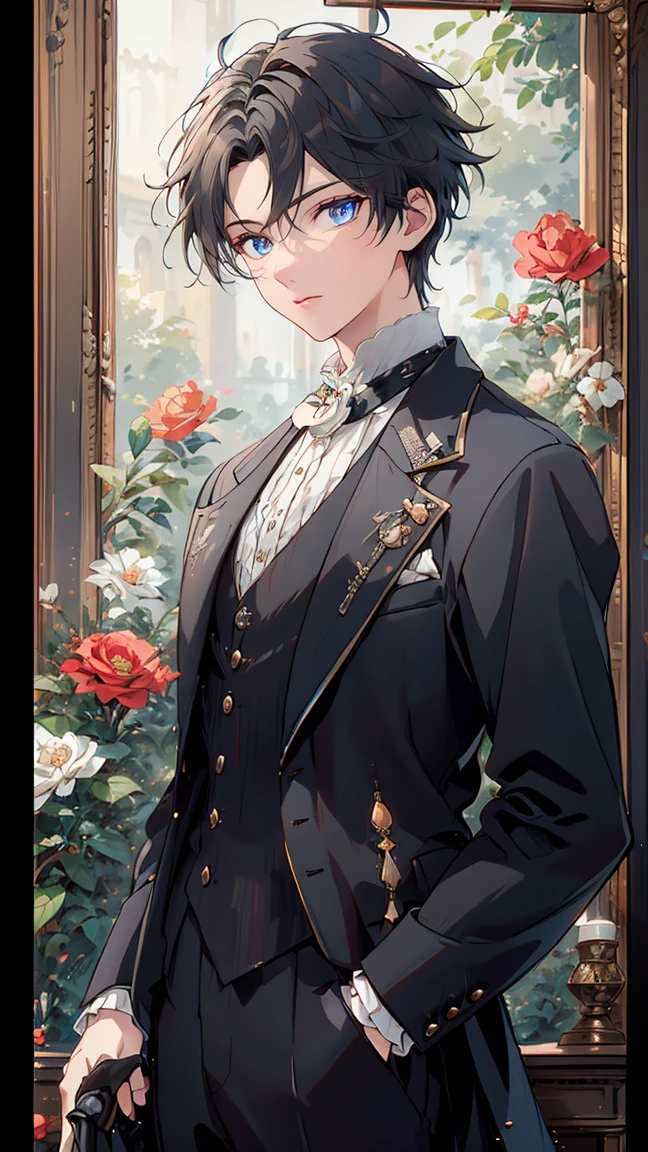 artstudt, (official art, extremely detailed CG unity 8k wallpaper),(1boy:1.3),beautifully detailed eyes, detailed fine nose, detailed fingers, (8k), (best quality), ( masterpiece:1.2), extremely detailed
1 prince, handsome, rococo style, vest, tie, white and black color, flowers, suits, ghile 