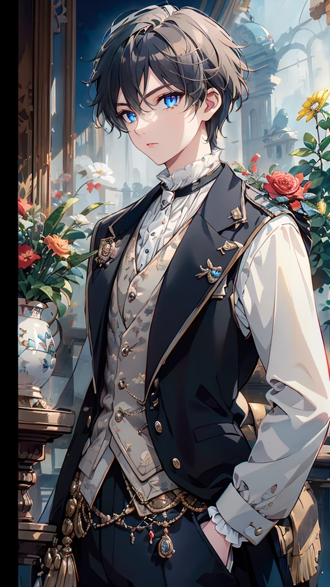 artstudt, (official art, extremely detailed CG unity 8k wallpaper),(1boy:1.3),beautifully detailed eyes, detailed fine nose, detailed fingers, (8k), (best quality), ( masterpiece:1.2), extremely detailed
1 prince, handsome, rococo style, vest, tie, white and black color, flowers, suits, ghile 