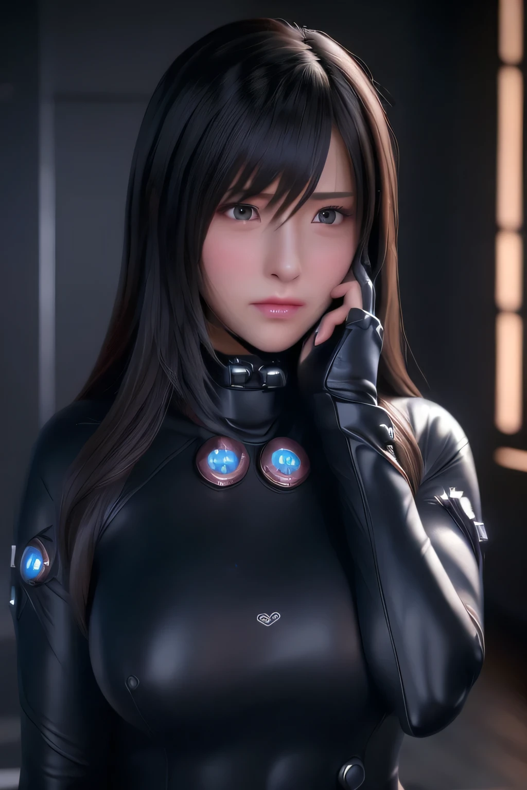 Put your hands on your cheeks,(troubled face:1.4),(blush:1.4),reika\(gantz black suit\), (8K, highest quality, masterpiece:1.2), (realistic, photo-realistic:1.37), big breasts,super detailed, 1 girl,cute, alone, sad, beautiful face, black eye,inside the room,looking at the viewer