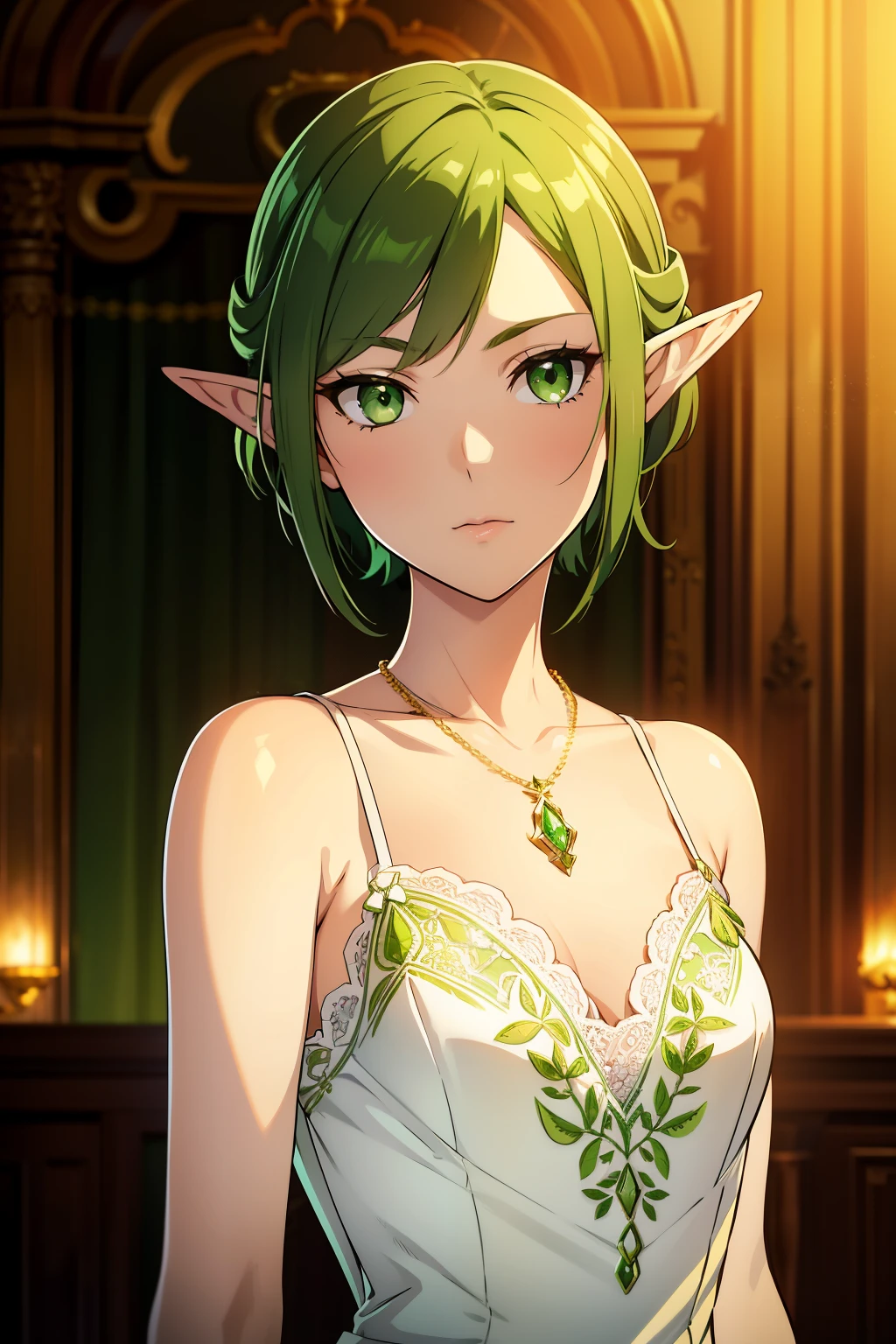 Эльфийка с зелеными короткими волнистыми волосами и зелеными глазами,очень плоская грудь, маленькая грудь),(( носит белое платье с кружевом и зелеными украшениями.)), носит золотое ожерелье с кулоном «Грен», элегантный бальный зал на заднем плане, отличное выражение лица, в тренде на artstation, Отличные детализированные глаза, 