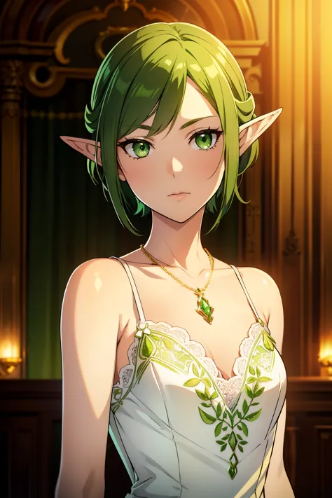 elf woman with green short waved hair and green eyes,very flat breast, small breast),(( wears a white dress with lace and green ...