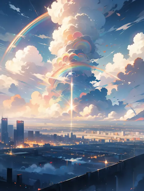 A gentle rainbow-colored modern city, Tall buildings, landscape, cloud,