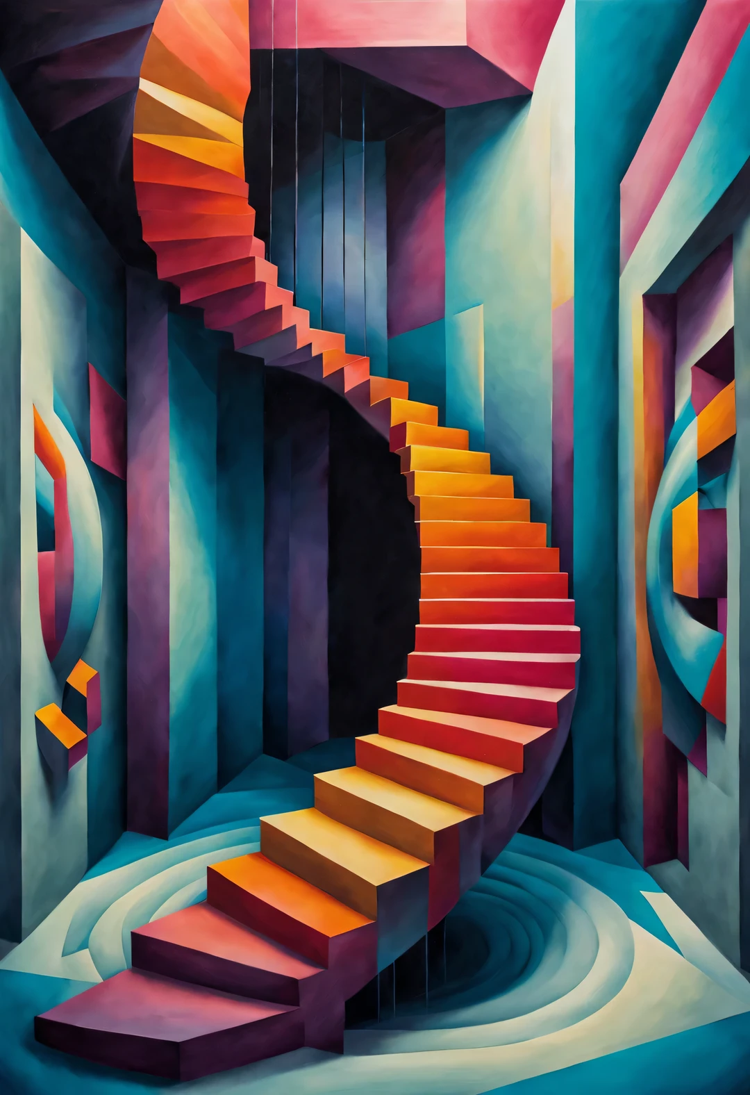 (Visual illusion), Inception, a repeating or spiral shape that moves or changes, or perspective-distorted images that distort perception of depth and space, These images appear to be moving, straight lines are curved, A painting of a man walking up the stairs, Colorful geometric design, bright colors, Inspired by Tomek Setovsky, psychedelic architecture, bright colors of the Kirian and Penrose stairs Colorful flat surrealism, Biomorphic Temple, Paul Lyle, and triple, master of abstract surrealism, inspired by killian, monument valley,