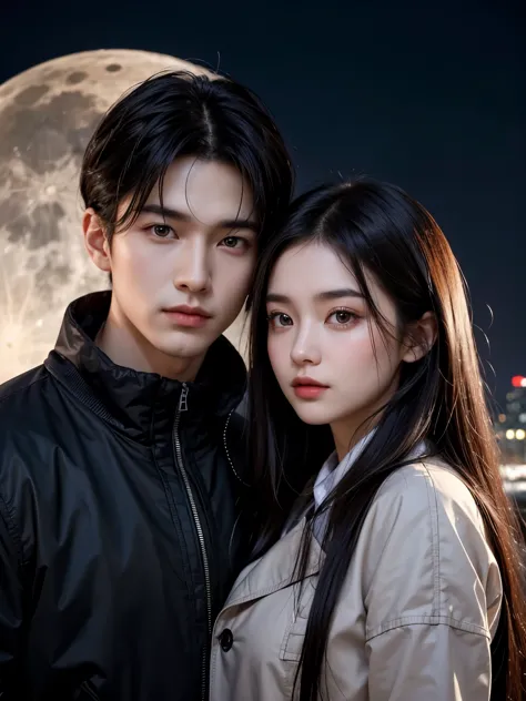 Close-up image of the upper body。One Man and One Woman。Man has short black hair。The woman has long dark brown hair。Both are beautiful and in their mid-20s.。both are wearing jackets。Behind it is a city on the moon。