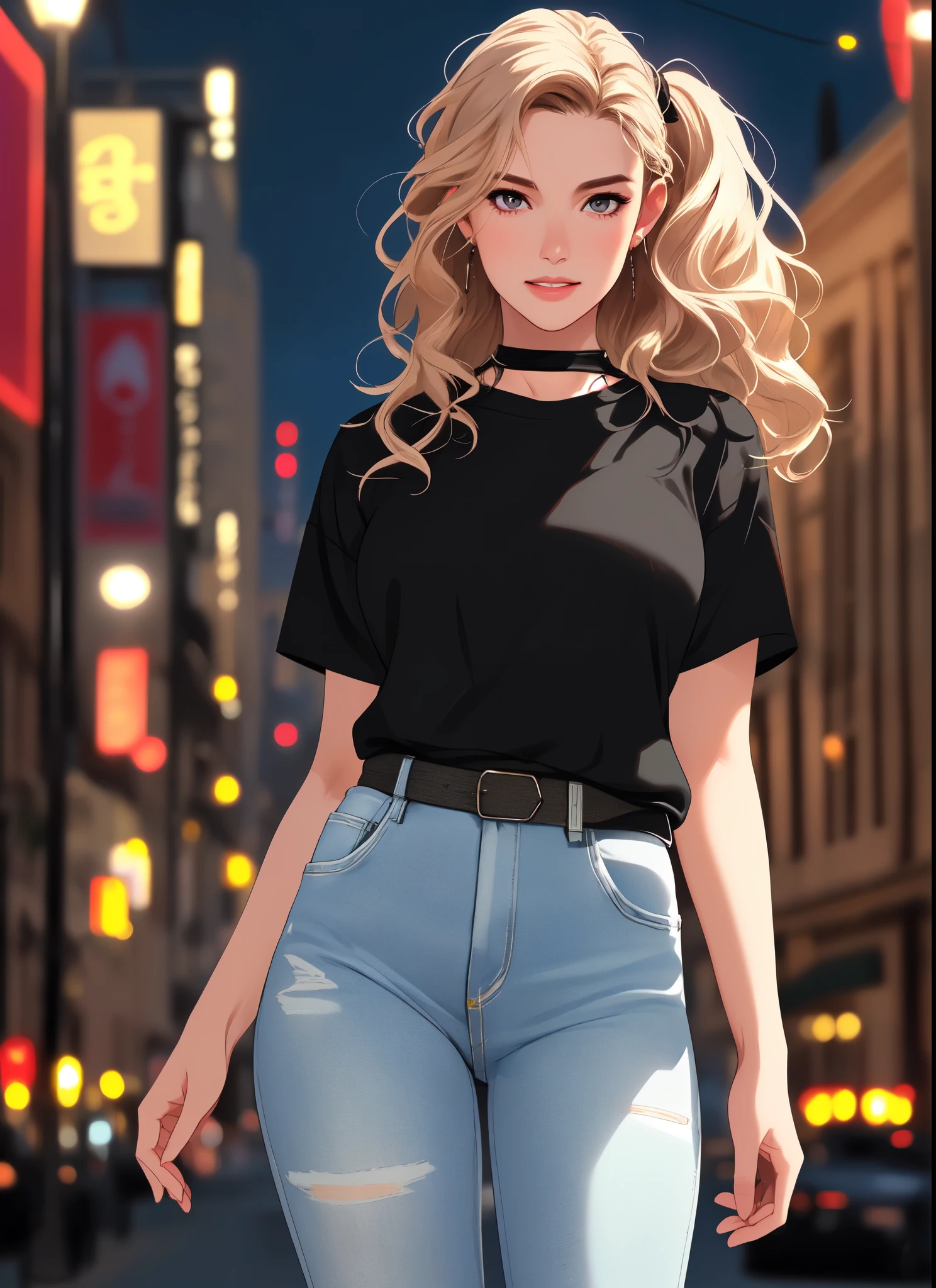 A woman in jeans and a black shirt is walking down the street - SeaArt AI