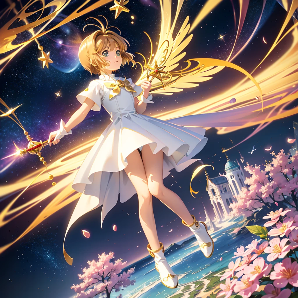realistic, (masterpiece, excellent quality, highest quality, official art, beautiful and aesthetic: 1.2),(flight:1.4) very detailed, fractal art, colorful, more detailed, (abstract background: 1.5) (1 girl: 1.3), light brown hair, bright eyes, Hilarious, Hairstyle back, short hair, , milky way, Giant magic golden Sagittarius astrolabe, dream, fantasy, Golden trim, beautiful and detailed sky, Style and decoration, Female-only room,  (Sakura Cardcaptor)