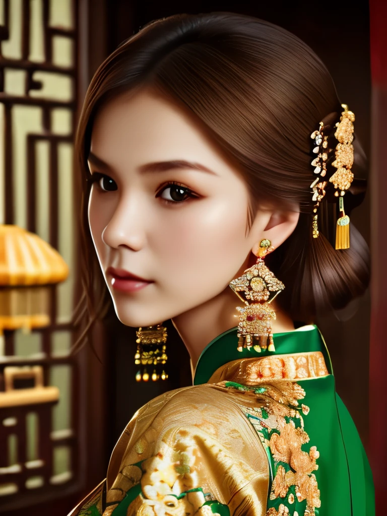 1個女孩, 綠色洋裝, 棕色的頭髮, 獨自的, 髮飾, 耳環, 珠寶, 中國衣服, (傑作, 最好的品質),逼真的