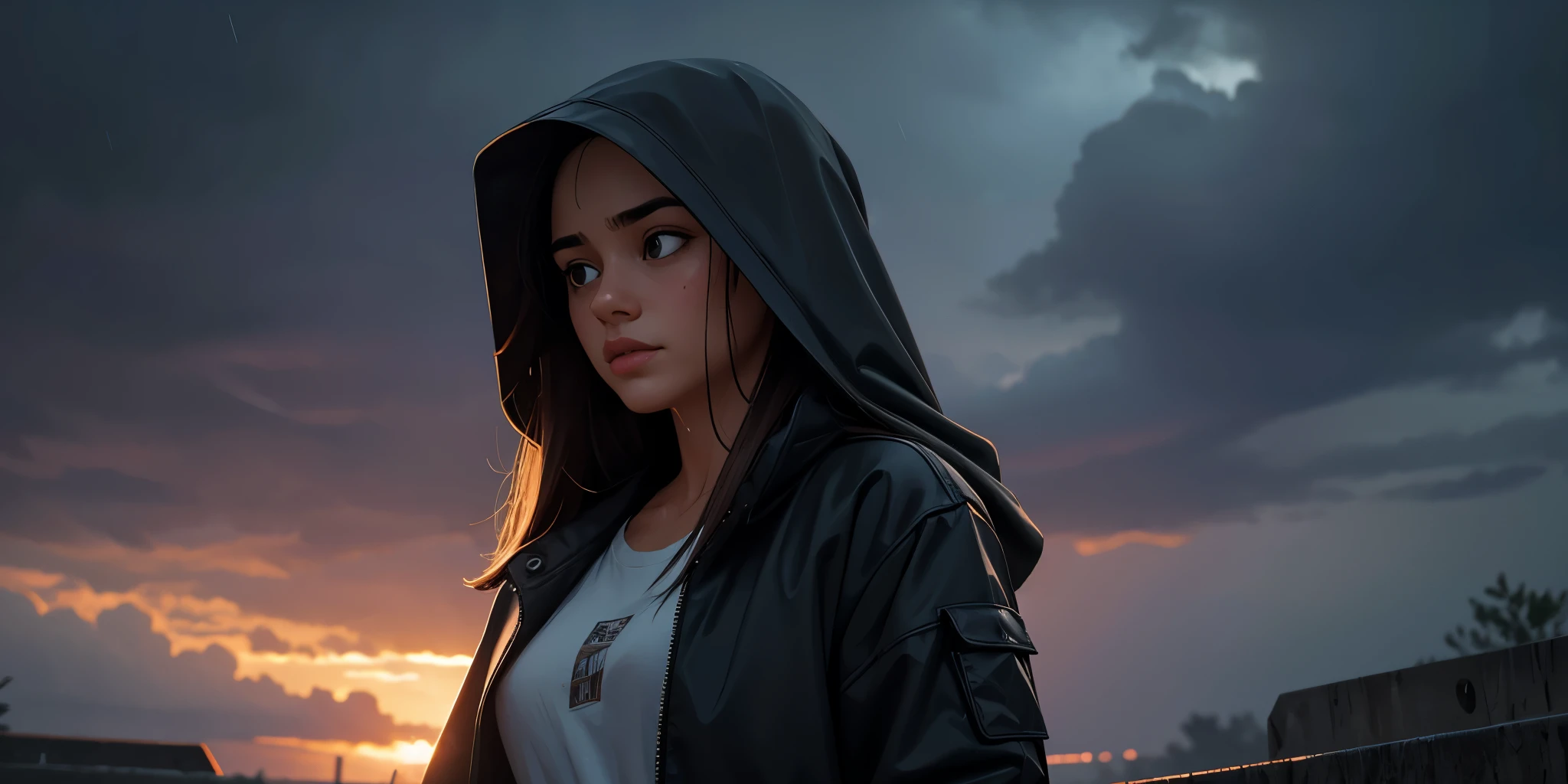 a beautiful girl, long hair, wet clothes, covering her head with a jacket, in the rain, black clouds, sky, raindrops, sad atmosphere, glowing light, letterboxed, framed, rounded corners, symmetry, from below, Wide-Angle, 4K, highres, best quality, award winning, high details, anatomically correct, masterpiece