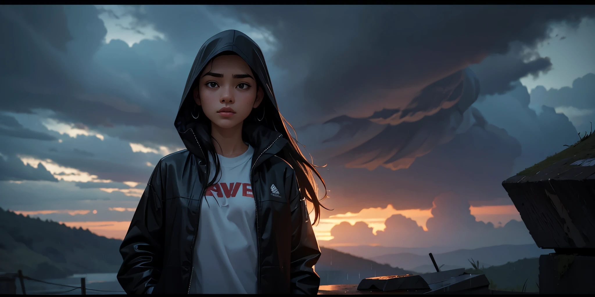 a beautiful girl, long hair, wet clothes, covering her head with a jacket, in the rain, black clouds, sky, raindrops, sad atmosphere, glowing light, letterboxed, framed, rounded corners, symmetry, from below, Wide-Angle, 4K, highres, best quality, award winning, high details, anatomically correct, masterpiece