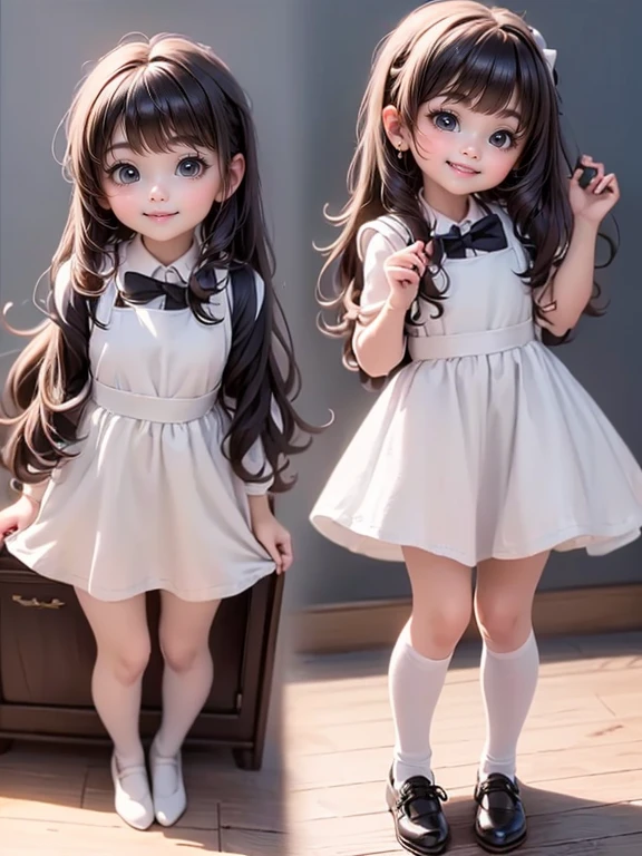 masterpiece, best quality, a cute chibi girl smiling, ((black)) hair, (((white pinafore dress))), (((short))) puffy sleeves, white hairbow, white socks, (((black))) mary jane pumps, school backpack, (((full body))),