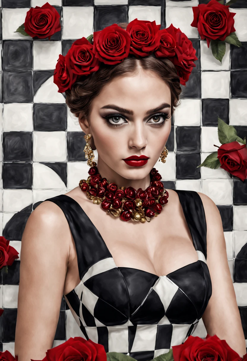 
the chess queen.huge detailed eyes, long eyelashes, crown,chessboard background, black and white checkered dress,red roses,photorealism,surrealism,dolce &gabbana, high fashionart deco, professional photography,hyper, detailing, delicate watercolor, botanical, digital-art, pixel art