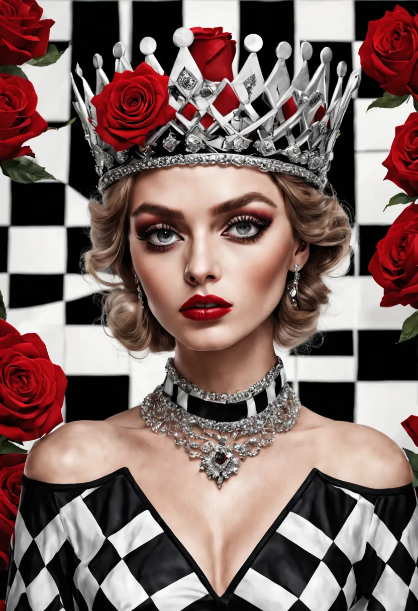 the chess queen.huge detailed eyes, long eyelashes, crown,chessboard background, black and white checkered dress,red roses,photo...