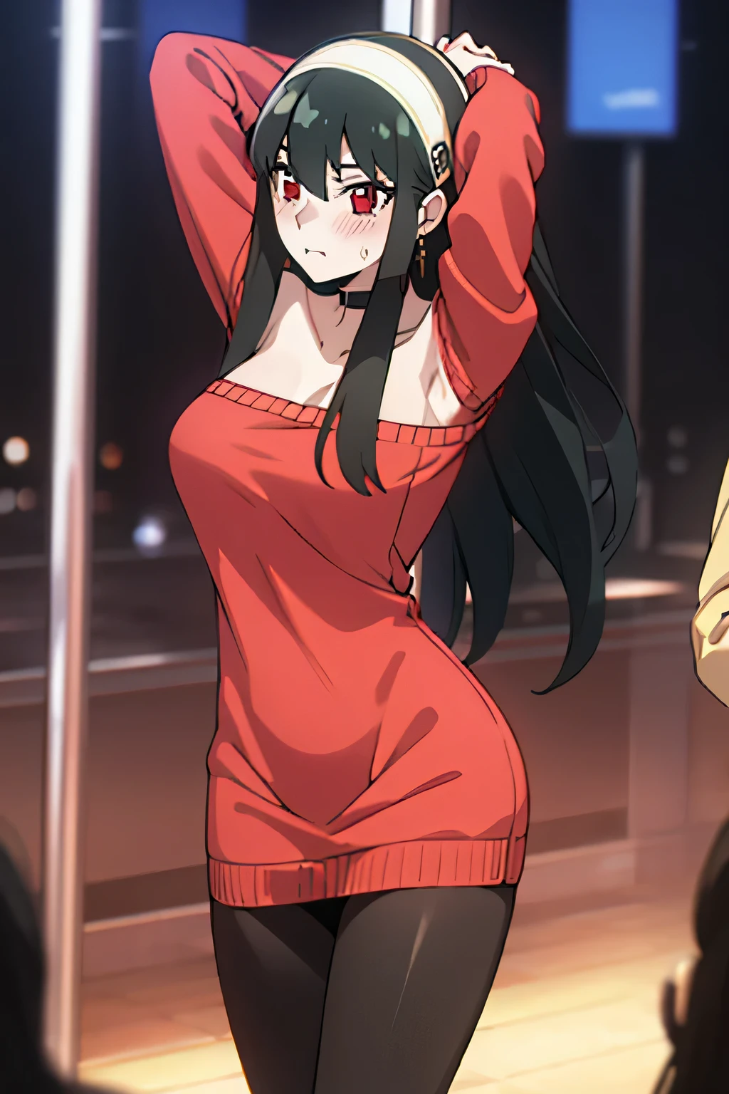 Anime girl in red dress with headphones on in a city - SeaArt AI