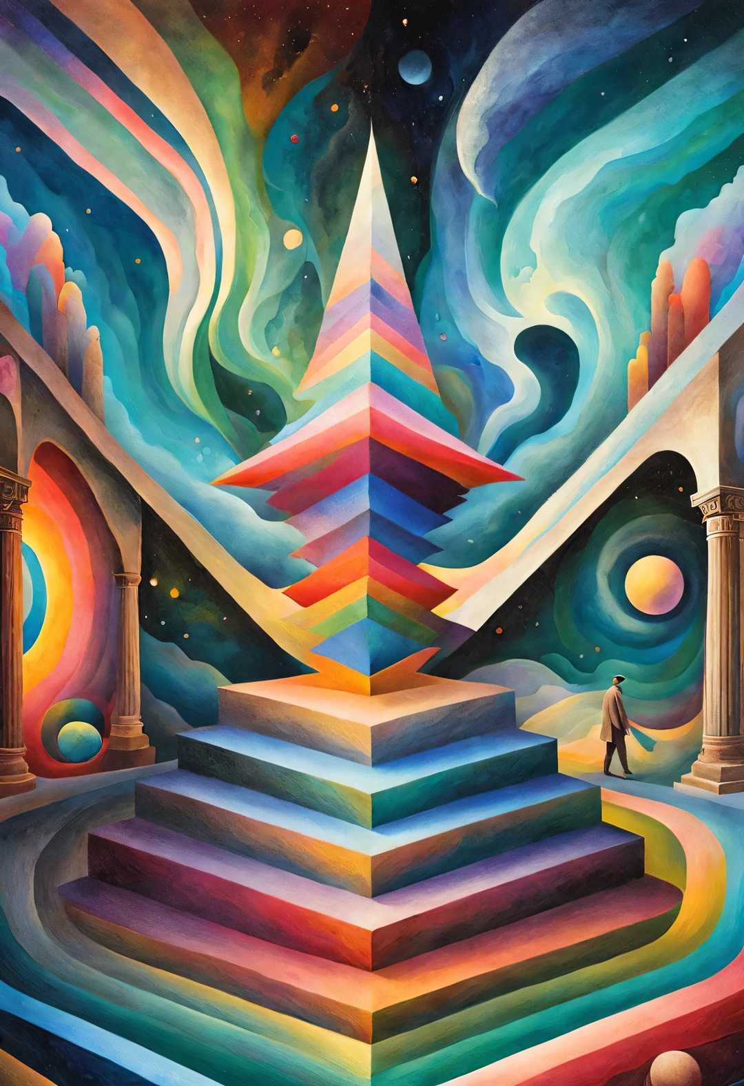 (ilusión visual), Comienzo, Visión dentro de un caleidoscopio, Una pintura de un hombre subiendo una escalera de madera., un hombre enorme&#39;la cara, una forma repetitiva o en espiral que se mueve o cambia, o imágenes distorsionadas en perspectiva que distorsionan la profundidad y la percepción espacial, Estas imágenes parecen estar en movimiento., las lineas rectas son curvas, Diseño geométrico colorido, Colores brillantes, Inspirado por Tomek Setovsky, Arquitectura psicodélica, energético、Killian colorido, Escaleras Penrose, Surrealismo plano, Templo biomórfico, Paul Lehr y Mi Chong, maestro del surrealismo abstracto, inspirado por killian, exposición doble,