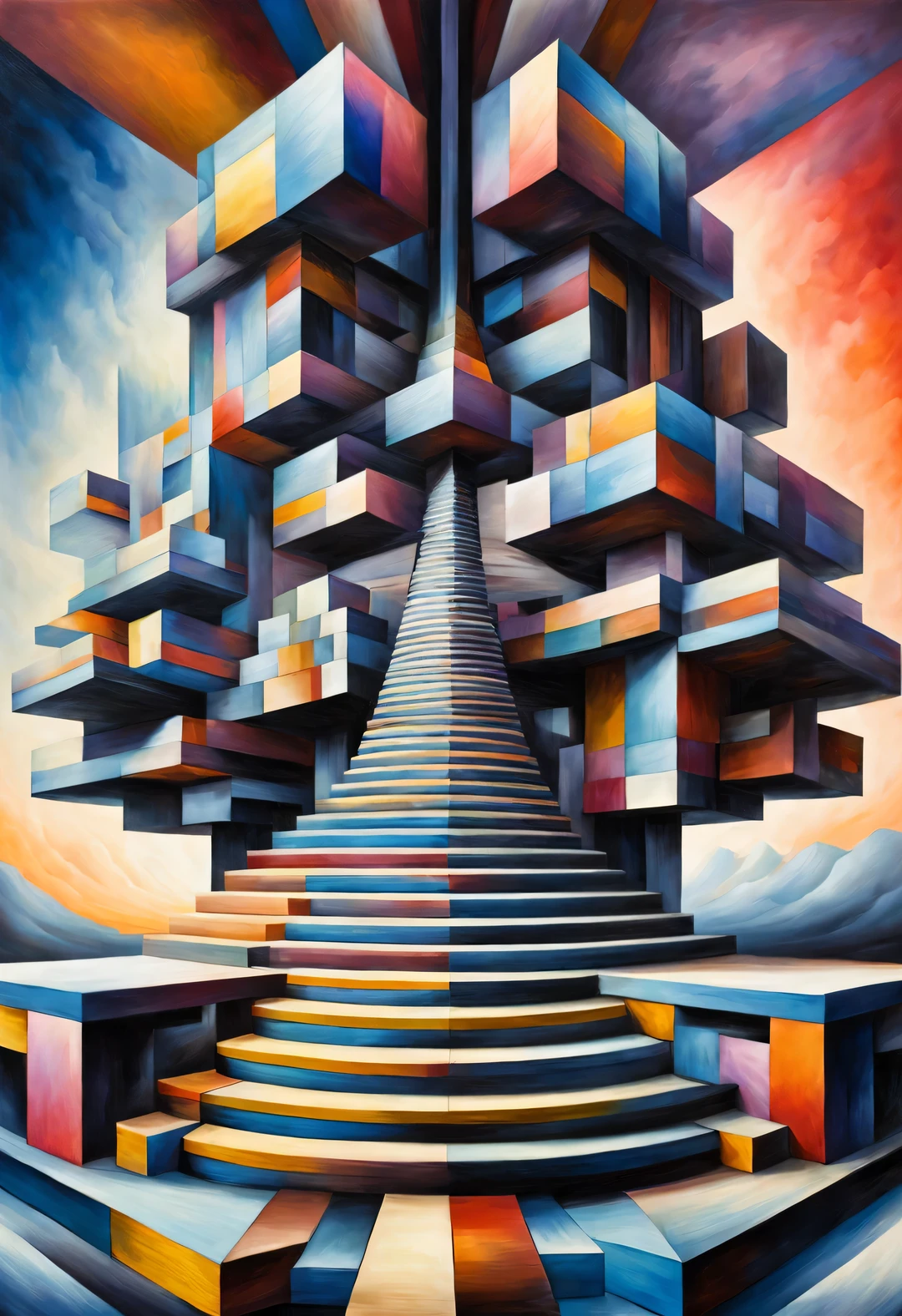 Ilusión óptica ，Ilusión óptica，Palacio espiral retorcido dentro de un caleidoscopio，Leñoso(ilusión visual), Comienzo, Visión dentro de un caleidoscopio, Una pintura de un hombre subiendo una escalera de madera., un hombre enorme\la cara, una forma repetitiva o en espiral que se mueve o cambia, o imágenes distorsionadas en perspectiva que distorsionan la profundidad y la percepción espacial, Estas imágenes parecen estar en movimiento., las lineas rectas son curvas, Diseño geométrico colorido, Colores brillantes, Inspirado por Tomek Setovsky, Arquitectura psicodélica, energético、Killian colorido, Escaleras Penrose, Surrealismo plano, Templo biomórfico, Paul Lehr y Mi Chong, maestro del surrealismo abstracto, doble contacto,,Autor：John Pawson,Frank Gehry,Kengo Kuma,Autor：Bjarke Ingels,Autor：Peter Zumthor,Muy detallado, mejor calidad, Alta resolución, obra maestra, Híper realista,