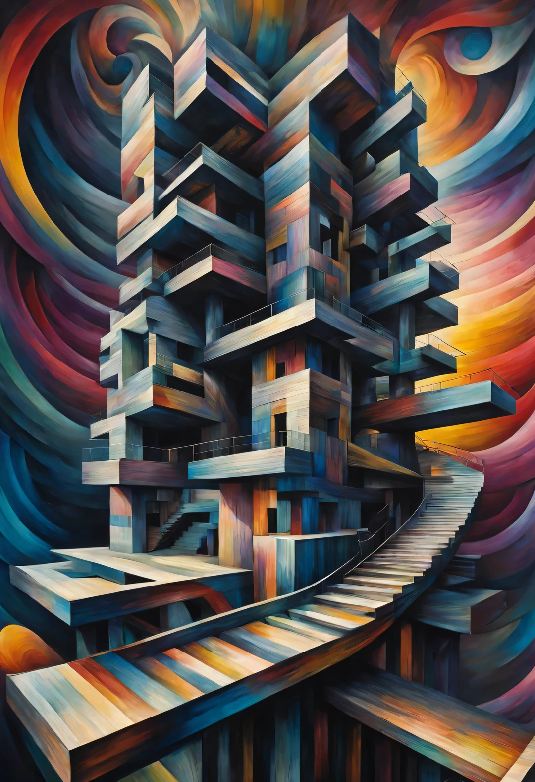 Ilusión óptica ，Ilusión óptica，Palacio espiral retorcido dentro de un caleidoscopio，Leñoso(ilusión visual), Comienzo, Visión dentro de un caleidoscopio, Una pintura de un hombre subiendo una escalera de madera., un hombre enorme\la cara, una forma repetitiva o en espiral que se mueve o cambia, o imágenes distorsionadas en perspectiva que distorsionan la profundidad y la percepción espacial, Estas imágenes parecen estar en movimiento., las lineas rectas son curvas, Diseño geométrico colorido, Colores brillantes, Inspirado por Tomek Setovsky, Arquitectura psicodélica, energético、Killian colorido, Escaleras Penrose, Surrealismo plano, Templo biomórfico, Paul Lehr y Mi Chong, maestro del surrealismo abstracto, doble contacto,,Autor：John Pawson,Frank Gehry,Kengo Kuma,Autor：Bjarke Ingels,Autor：Peter Zumthor,Muy detallado, mejor calidad, Alta resolución, obra maestra, Híper realista,