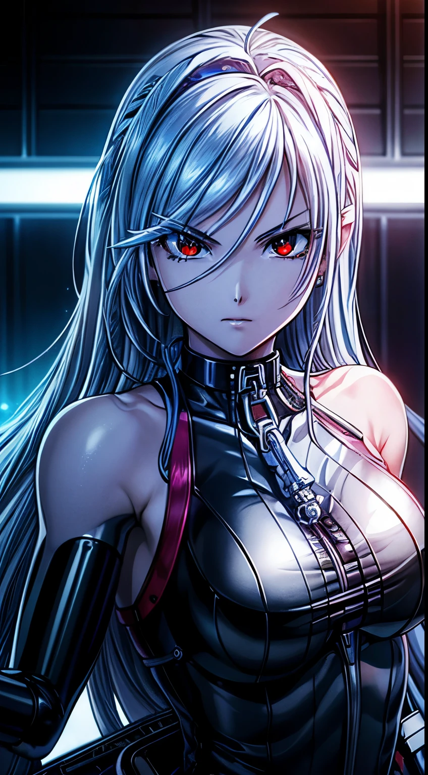 top-quality、​masterpiece、超A high resolution、(Photorealsitic:1.4)、女の子1人、Light blue hair、Straight hair, shiny and clean hair、White shiny skin、Sexy Cyberpunk Girl、((super realistic details))、Shadow、octan render、ultrasharp、hyperdetailed face、Fiberglass、Luminous tube、highly intricate detail、Realistic light、CGSoation Trends、(red eyes with slit pupils)、(Facing the camera)、neon details、Mechanical limbs、Mechanical vertebrae attached to the back、mechanical cervical attaching to neck、Wires and cables connecting to the head、((valkyrie))、((Beam Cannon))、Combat stance、((seductive pose:1.2))、