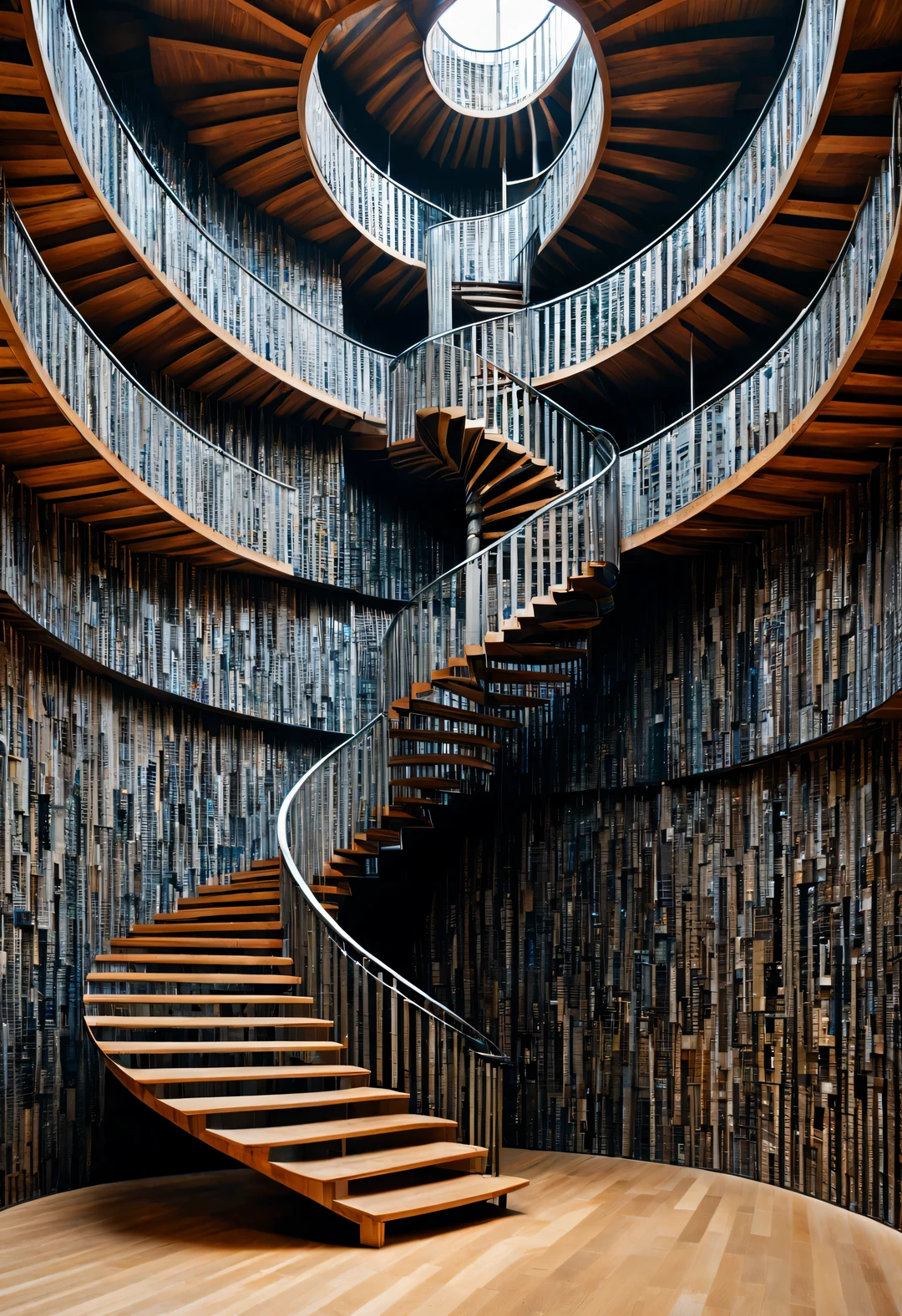 (Visual illusion), A visual man walks up a wooden staircase in a kaleidoscope, a huge man&#39;s face, repetitive or spiral movement or change, or perspective-distorted images that distort depth and spatial perception, These images appear to be moving, straight lines are curved, starting space, Rich Double Exposure, John Pawson, Frank Gehry, Kengo Kyoto, bjarke ingels, peter zumthor, Very detailed, best quality, high resolution, masterpiece, Surrealism,Fisheye effect，Doubleexposure，Recumbent（low angle shot），Super wide angle shooting（super wide shot）